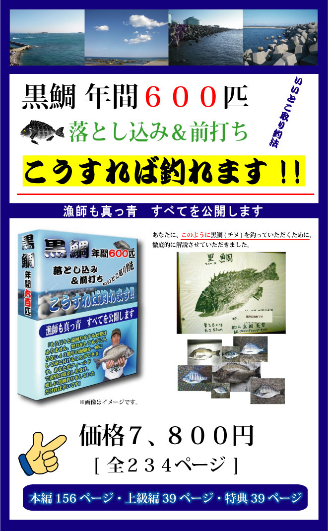 黒鯛 年間600匹 落とし込み&前打ち いいとこ取り釣法 こうすれば釣れます 漁師も真っ青 すべてを公開します あなたに、このように黒鯛 チヌを釣っていただくために、徹底的に解説させていただきました 本編156ページ 上級編39ページ 特典39ページ 価格7800円 黒鯛 年間600匹 落とし込み&前打ち いいとこ取り釣法 こうすれば釣れます 漁師も真っ青 すべてを公開します あなたに、このように黒鯛 チヌを釣っていただくために、徹底的に解説させていただきました 本編156ページ 上級編39ページ 特典39ページ 価格7800円