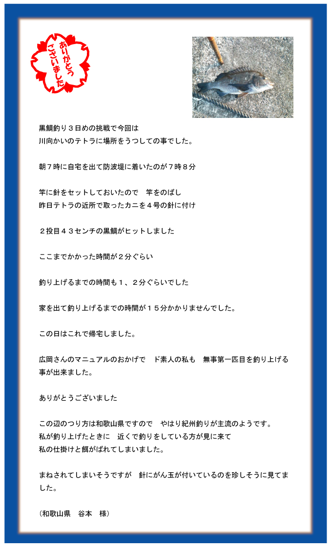 黒鯛釣り3日めの挑戦で今回は川向かいのテトラに場所をうつしての事でした。朝7時に自宅を出て防波堤に着いたのが7時8分竿に針をセットしておいたので 竿をのばし昨日テトラの近所で取ったカニを4号の針に付け2投目43センチの黒鯛がヒットしましたここまでかかった時間が2分ぐらい釣り上げるまでの時間も1、2分ぐらいでした家を出て釣り上げるまでの時間が15分かかりませんでした。この日はこれで帰宅しました。広岡さんのマニュアルのおかげでド素人の私も無事第一匹目を釣り上げる事が出来ました。ありがとうございましたこの辺のつり方は和歌山県ですのでやはり紀州釣りが主流のようです。私が釣り上げたときに近くで釣りをしている方が見に来て私の仕掛けと餌がばれてしまいました。まねされてしまいそうですが針にがん玉が付いているのを珍しそうに見てました。(和歌山県 谷本 様) 黒鯛釣り3日めの挑戦で今回は川向かいのテトラに場所をうつしての事でした。朝7時に自宅を出て防波堤に着いたのが7時8分竿に針をセットしておいたので 竿をのばし昨日テトラの近所で取ったカニを4号の針に付け2投目43センチの黒鯛がヒットしましたここまでかかった時間が2分ぐらい釣り上げるまでの時間も1、2分ぐらいでした家を出て釣り上げるまでの時間が15分かかりませんでした。この日はこれで帰宅しました。広岡さんのマニュアルのおかげでド素人の私も無事第一匹目を釣り上げる事が出来ました。ありがとうございましたこの辺のつり方は和歌山県ですのでやはり紀州釣りが主流のようです。私が釣り上げたときに近くで釣りをしている方が見に来て私の仕掛けと餌がばれてしまいました。まねされてしまいそうですが針にがん玉が付いているのを珍しそうに見てました。(和歌山県 谷本 様)