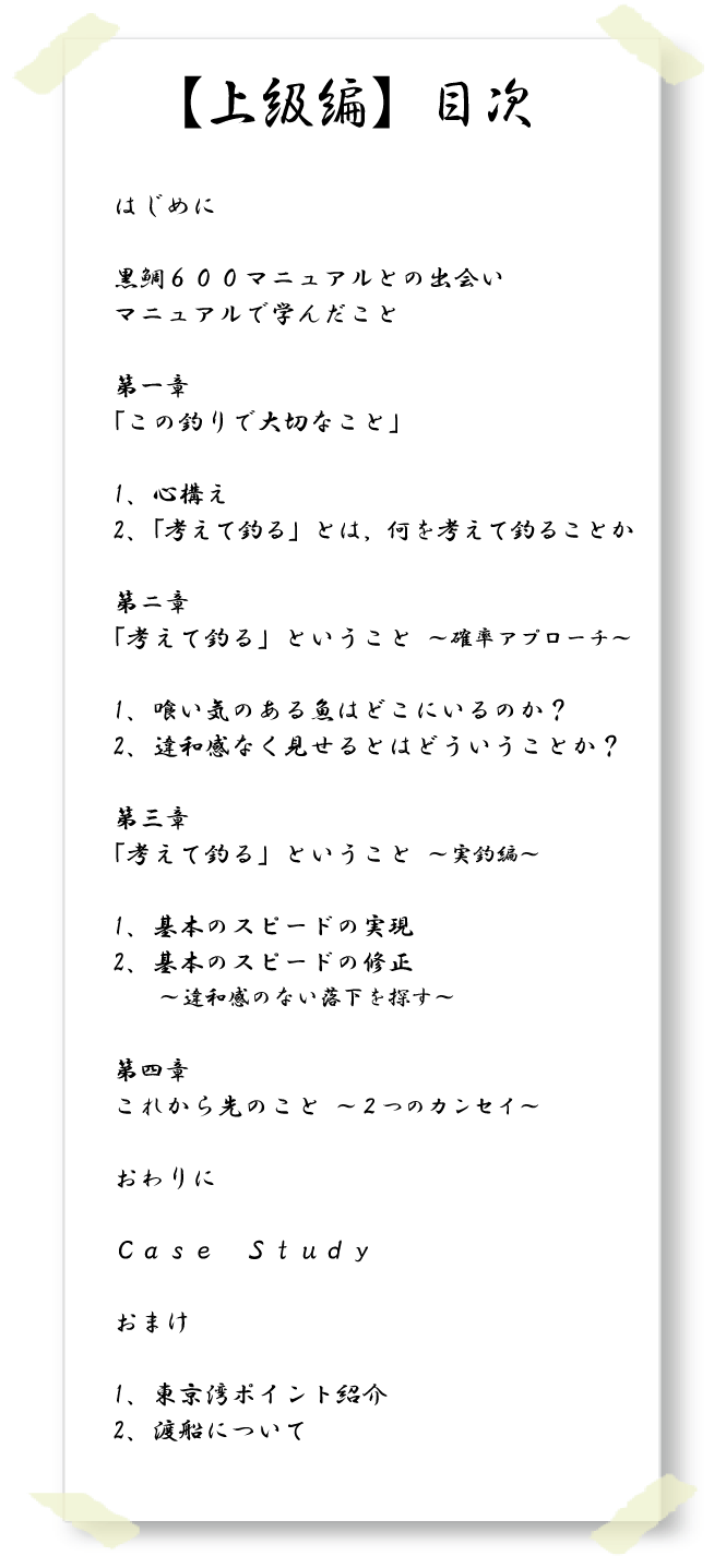 【上級編】目次 はじめに 黒鯛600マニュアルとの出会い マニュアルで学んだこと 第一章「この釣りで大切なこと」 1、心構え 2、「考えて釣る」とは何を考えて釣ることか 第二章「考えて釣る」ということ 確率アプローチ 1、喰い気のある魚はどこにいるのか? 2、違和感なく見せるとはどういうことか? 第三章「考えて釣る」ということ 実釣編 1、基本のスピードの実現 2、基本のスピードの修正 違和感のない落下を探す 第四章これから先のこと 2つのカンセイ おわりに CaseStudy おまけ 1、東京湾ポイント紹介 2、渡船について 【上級編】目次 はじめに 黒鯛600マニュアルとの出会い マニュアルで学んだこと 第一章「この釣りで大切なこと」 1、心構え 2、「考えて釣る」とは何を考えて釣ることか 第二章「考えて釣る」ということ 確率アプローチ 1、喰い気のある魚はどこにいるのか? 2、違和感なく見せるとはどういうことか? 第三章「考えて釣る」ということ 実釣編 1、基本のスピードの実現 2、基本のスピードの修正 違和感のない落下を探す 第四章これから先のこと 2つのカンセイ おわりに CaseStudy おまけ 1、東京湾ポイント紹介 2、渡船について